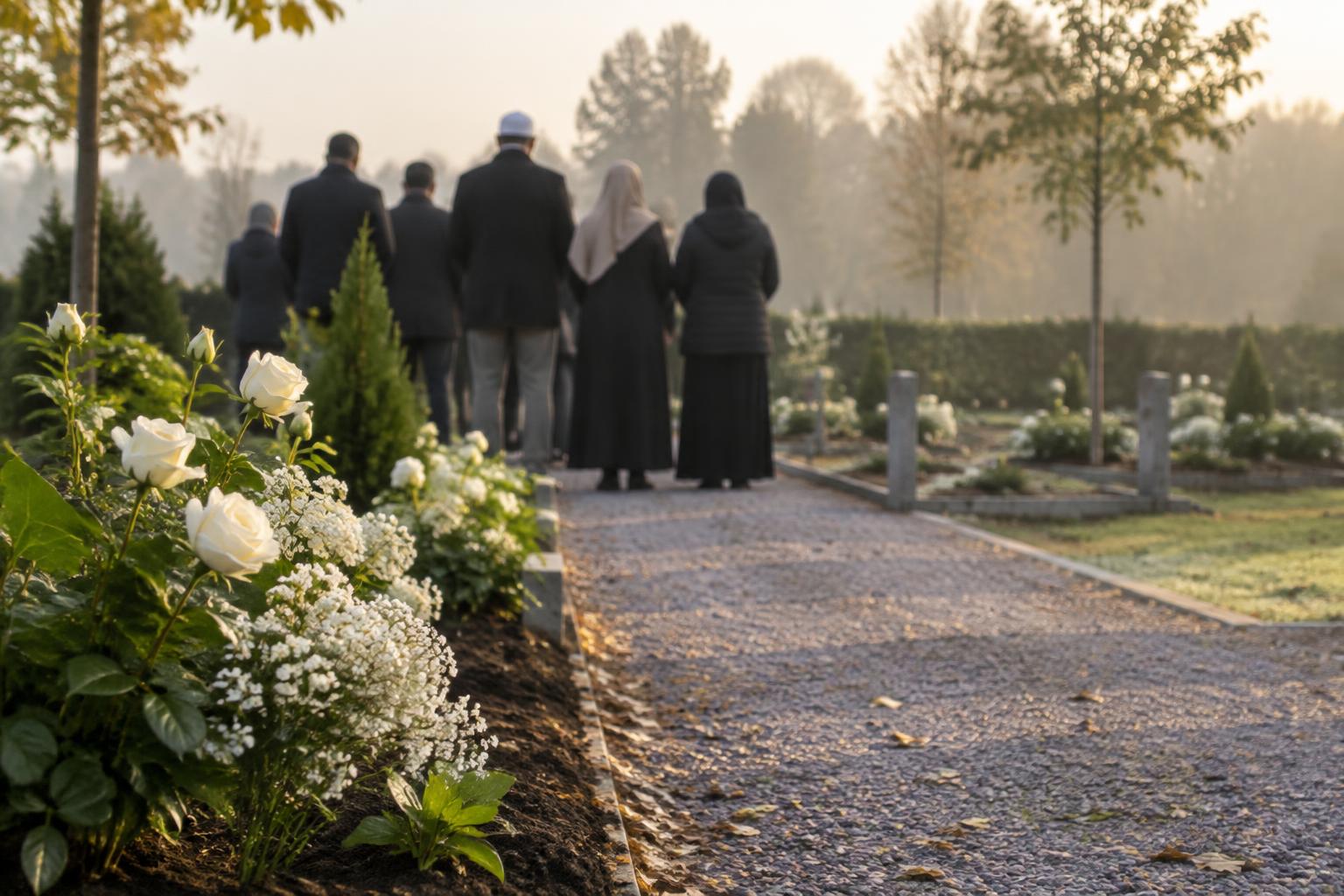 Ett litet muslimskt begravningssällskap går tillsammans längs en stilla kyrkogårdsgång i mjukt morgonljus