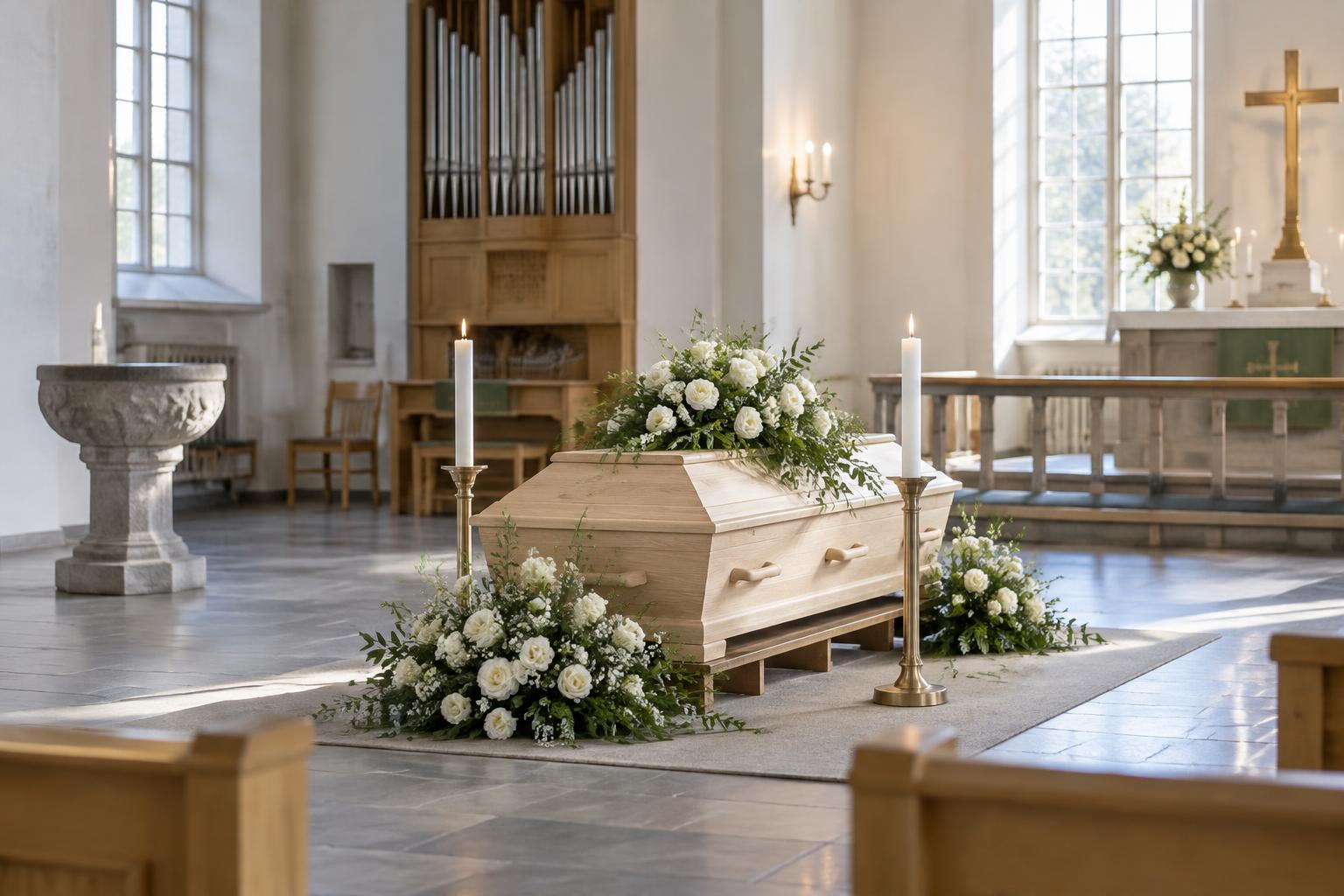 Ljus svensk kyrka förberedd för en kyrklig begravning med ljus träkista, vita blommor, levande ljus och orgel