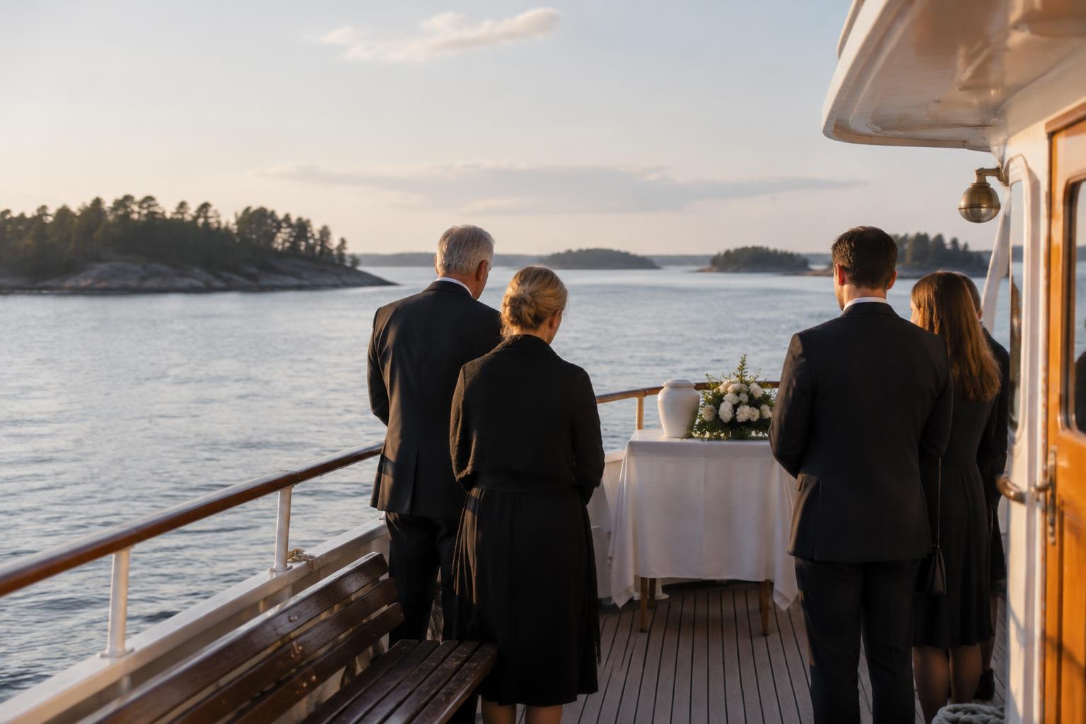 Ett litet sällskap samlas vid en enkel tablå med urna och vita blommor på däck av en båt ute i skärgården
