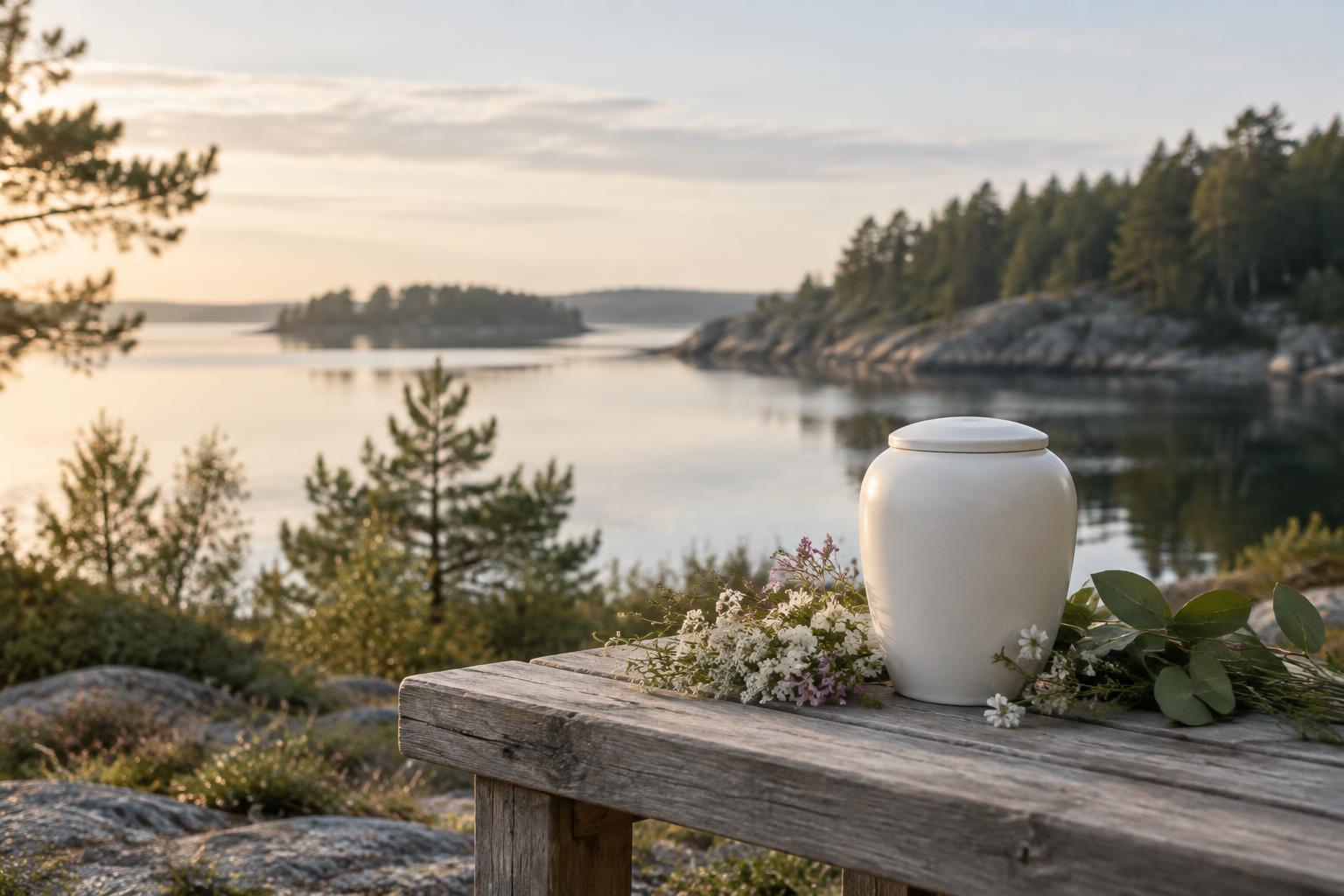 En enkel vit urna står på ett träbord med ängsblommor, med stilla vatten och skog i bakgrunden